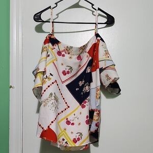 Red and Blue Asymmetrical Ruffled Blouse